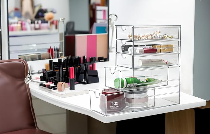 Plastic Drawer Storage with 5 Different Sizes Drawers, Clear Light Gray Hair Accessories Organizer, Transparent Dresser Bathroom Organizer - Image 4