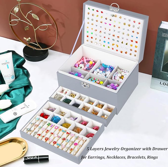 QBestry Earring Jewelry Box for Women Girls Stud Organizers, 5 Layers Grey Jewelry Organizer Box with Lock Necklaces and Earrings Holder Jewelry Box with Earring Organizer for Women Girls Xmas Gifts - Image 8