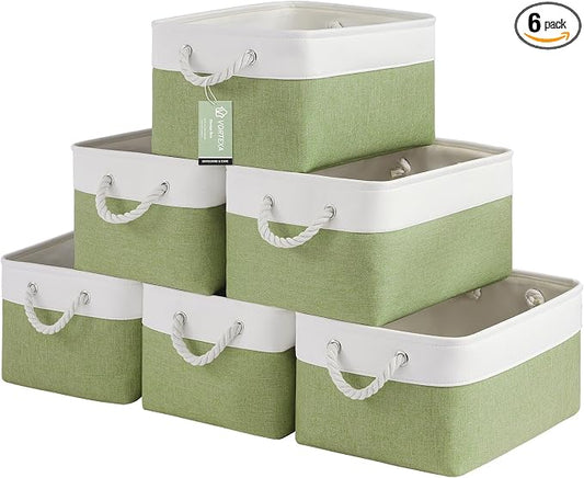 Large Storage Baskets- 15.7x11.8x8.26 inch Storage Bins for Shelves and Closet Organizing, Foldable Fabric Bin for Home Organization Clothes and Laundry (6-Pack, White&Green) by VQRTEXAStorageBasket