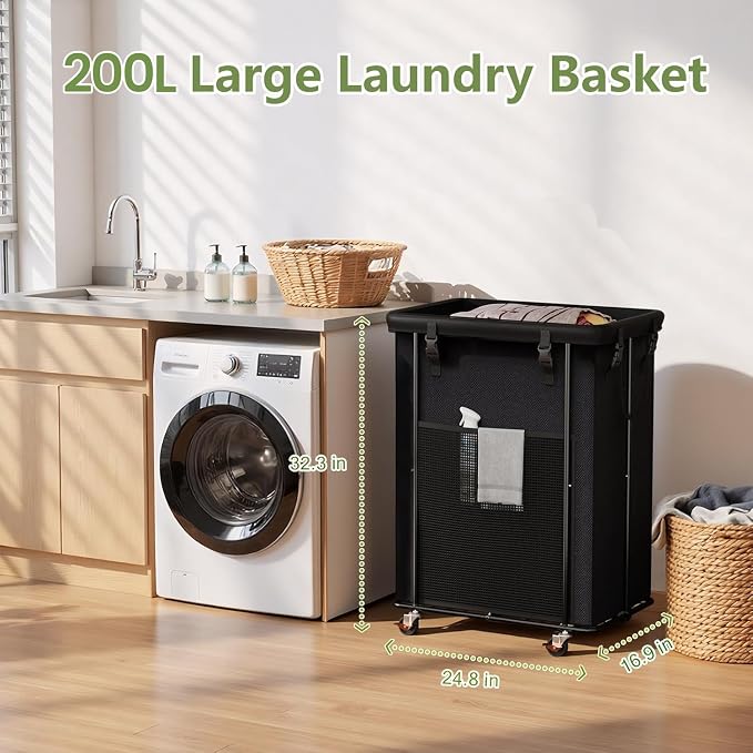 200L Laundry Hamper with Wheels, Rolling Laundry Basket with Metal Frame and Removable Bag, Large & Tall Dirty Clothes Hampers for Bedroom Aesthetic, Laundry Room, Bathroom, Dorm-Black - Image 2
