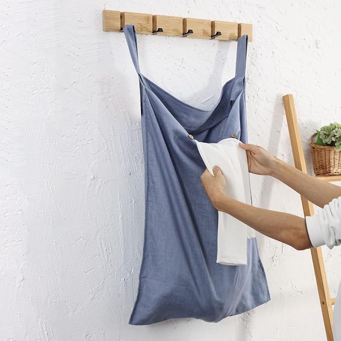 Linen Hanging Laundry Bag, 100% Linen Over The Door Laundry Hamper with Buttons and Zipper, Space Saving Door Hampers for Laundry Dirty Clothes Home Travel, Blue - Image 4