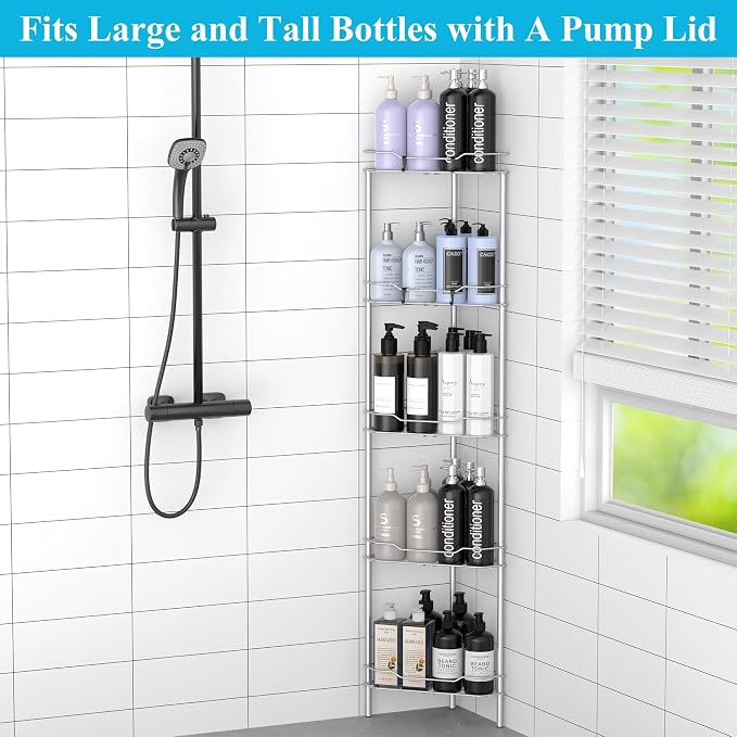 HuggieGems 5 Tier Floor Standing Corner Shower Caddy Organizer Shelf with Hooks, Bathroom Shelves Stand Rack, Silver - Image 3