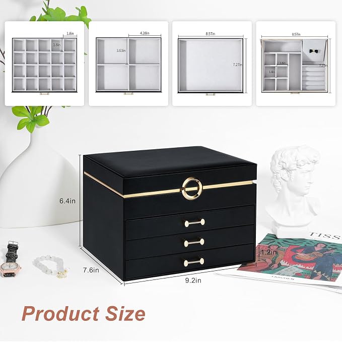 Jewelry Box，4-Layer Large Jewelry Organizers for Women with 3 Drawers,Storage Modern Style Jewelry Boxes Storage of Earrings Rings Bracelets Necklace（Black） - Image 4