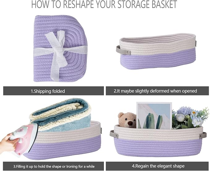 Cotton Rope Woven Basket Toilet Paper Baskets for Organizing Decorative Basket for Boho Decor Small Storage Basket Gift Baskets 13"x5.9"x4" Purple - Image 7