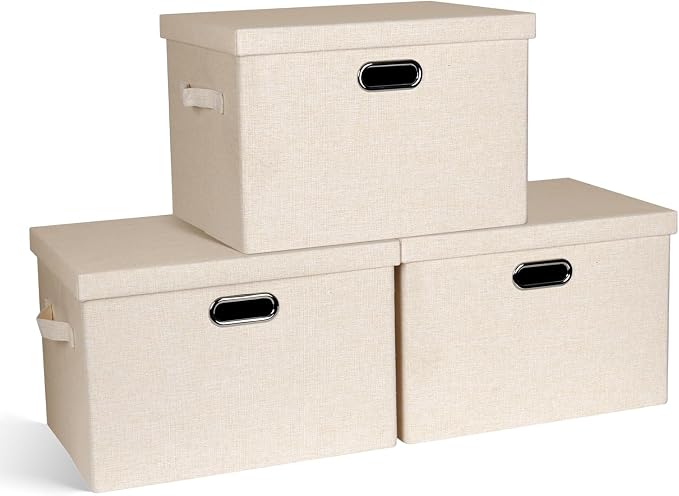 Graciadeco Large 17" 36 Quart Collapsible Stackable Storage Bins with Lids, 3 Packs Light Orange Linen Fabric Closet Boxes with Lids, Storage Cube Baskets Container Organizers for Office (17x12x11) by GraciadecoStorage