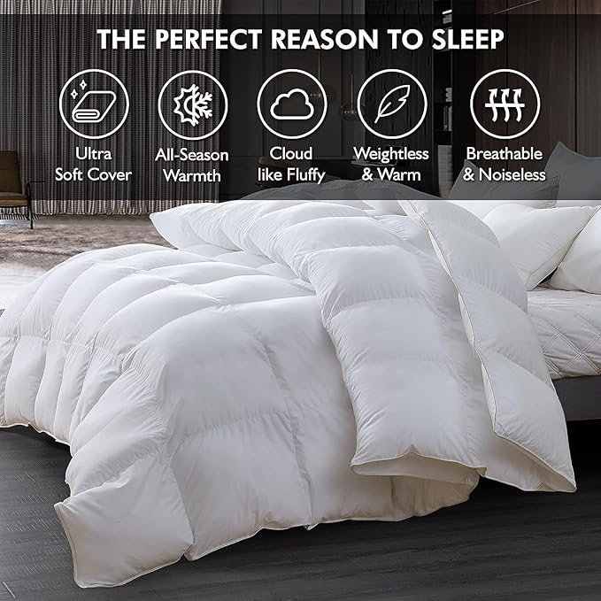 Luxurious Oversized Super King 120" x 120" Size Goose Down Fiber Waterfowl Feather Fiber Comforter Duvet, 100% Egyptian Cotton Cover, 90 oz. Fill Weight, Baffle Box Design, White Solid