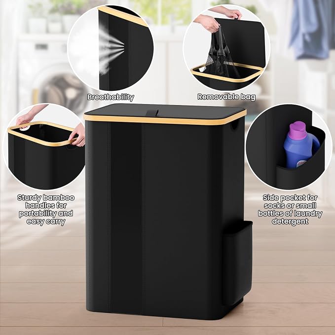 BlissTotes Laundry Basket with Lid, 80L Clothes Laundry Hamper with Handles and Removable Laundry Bag, Breathable Design Hamper with Lid for Bedroom, Bathroom, Dorm, Laundry Room - Black - Image 4