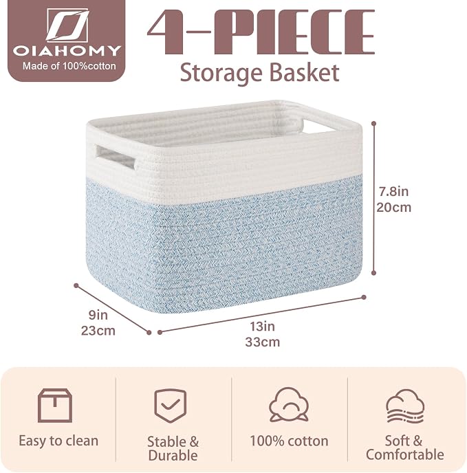 OIAHOMY 4 Pack Storage Baskets for Organizing, Basket for Shelves with Handle, Woven Baskets for Storage Toys, Towels, Books, Cotton Rope Basket 13" L x 9 " W x 7.8 " H, Light Blue & White - Image 2