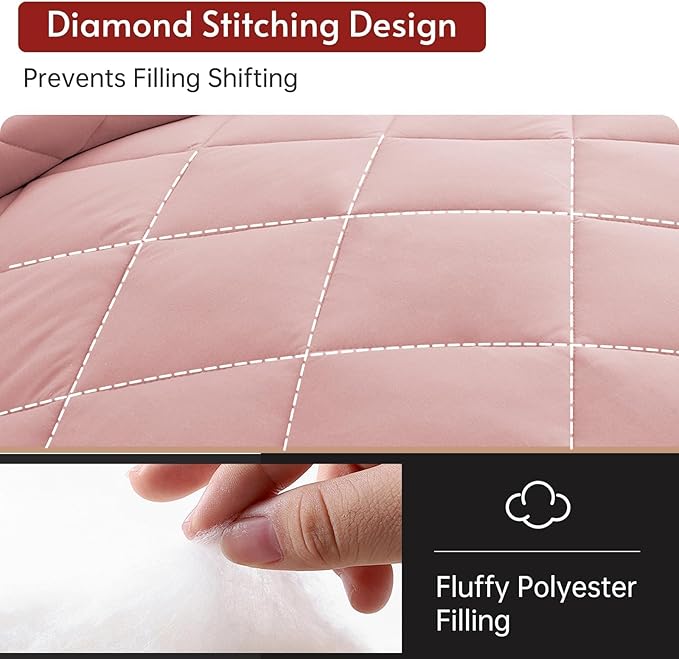 MUXHOMO 7 Pieces Full Comforter Set, Reversible Bed in a Bag Full Size, All Season Bedding Set with Comforter, Flat Sheet, Fitted Sheet, Pillowcases & Shams, Pink & Light Grey