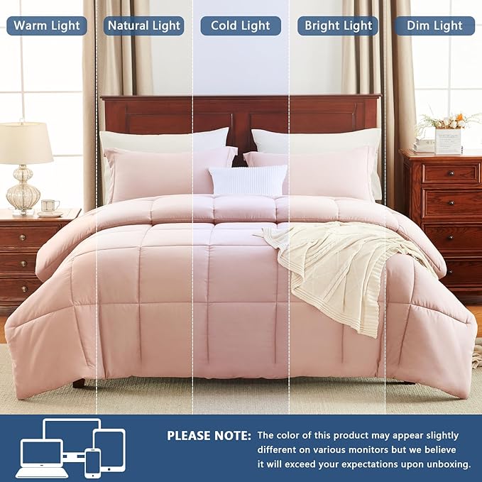 CozyLux Full Size Comforter Sets - Blush Pink Comforter Full Size, 3 Pieces Box Stitched Bed Set for All Seasons, Soft Lightweight Bedding Sets with 1 Down Alternative Comforter and 2 Pillow Shams
