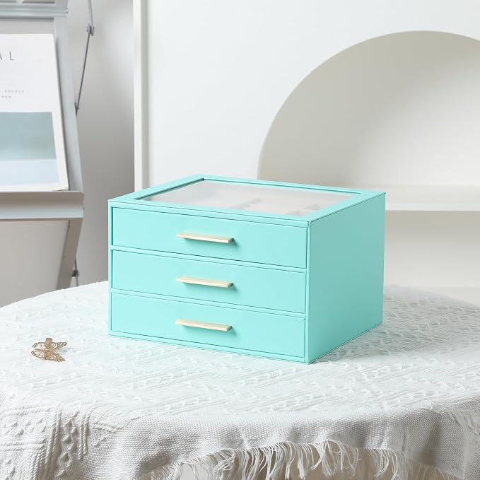 Frebeauty Clear Lid Jewelry Box,3-Layer Jewelry Organizer with Drawer,PU Leather Jewelry Organizers and Storage,Jewelry Boxes for Women,Jewelry Storage for Rings Earring Stud,Gift for Women(Turquoise) - Image 6
