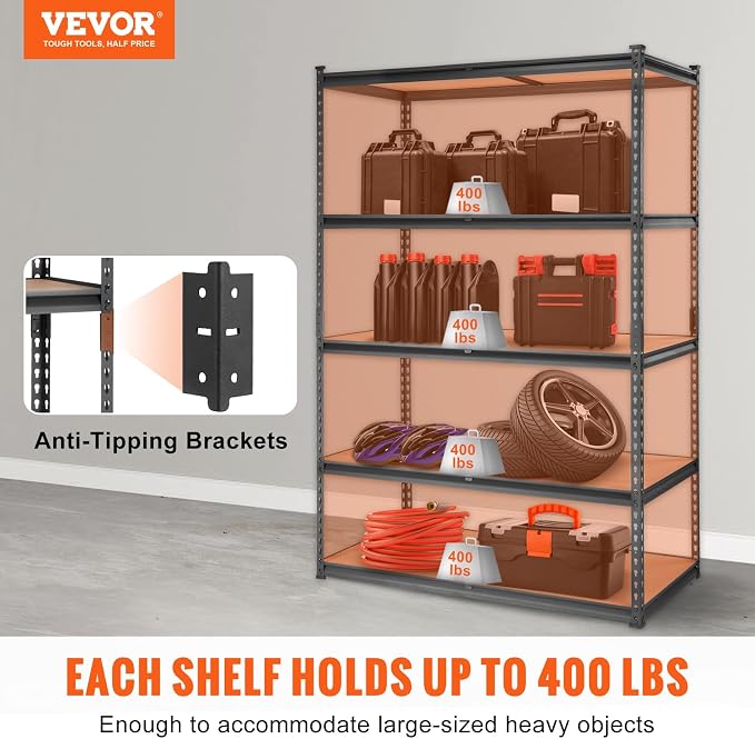 VEVOR Storage Shelving Unit, 5-Tier Adjustable Storage Shelves, 48" L x 24" W x 72" H Heavy Duty Garage Storage Shelves, Metal Shelves for Kitchen Pantry Basement Bathroom Laundry - Image 4