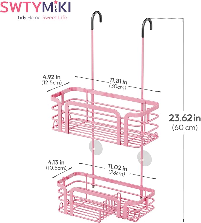 SWTYMIKI Shower Caddy Hanging Organizer - Over the Door Shower Caddy with Soap Holder, 11 Hooks, 2 Installation Ways, Stainless Steel Rustproof Bathroom Organizer, Pink - Image 8