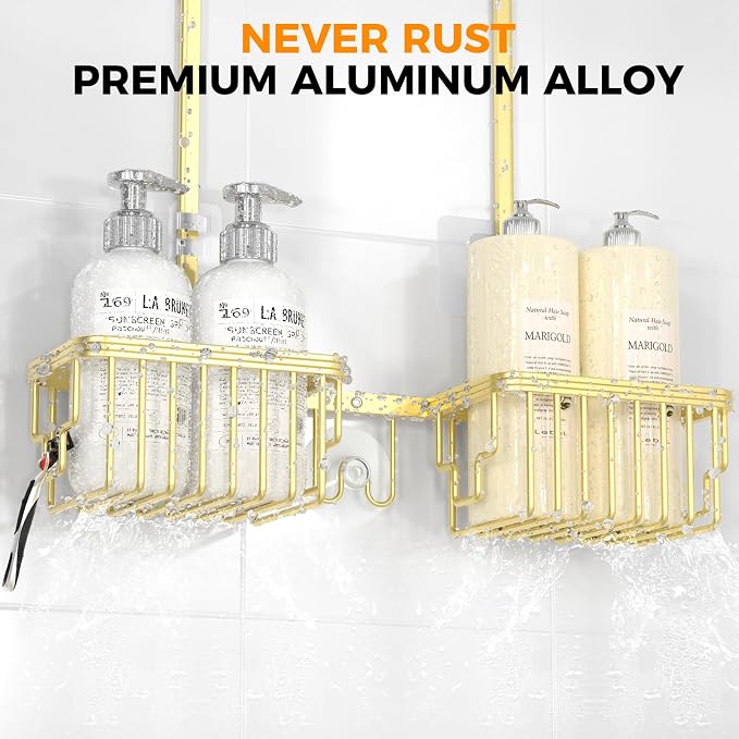 REINHARDT Aluminum Shower Caddy Hanging Adjustable Shower Caddy, Rustproof Hanging Shower Organizer with Hooks Soap Holders, Over Shower Head Caddy for Handheld Showerhead, Gold - Image 3