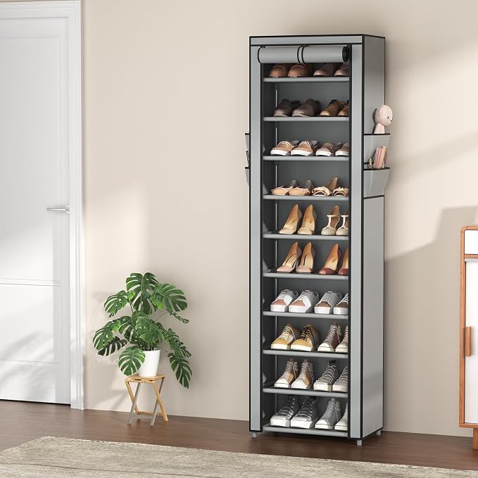 VTRIN Vertical Narrow Shoe Rack Organizer Tall Shoe Rack for Closet Entryway 10 Tier Non-Woven Cover Shoe Shelf Holds 20-22 Pairs Free Standing Shoe Storage Cabinet with Dustproof Cover, Grey - Image 2