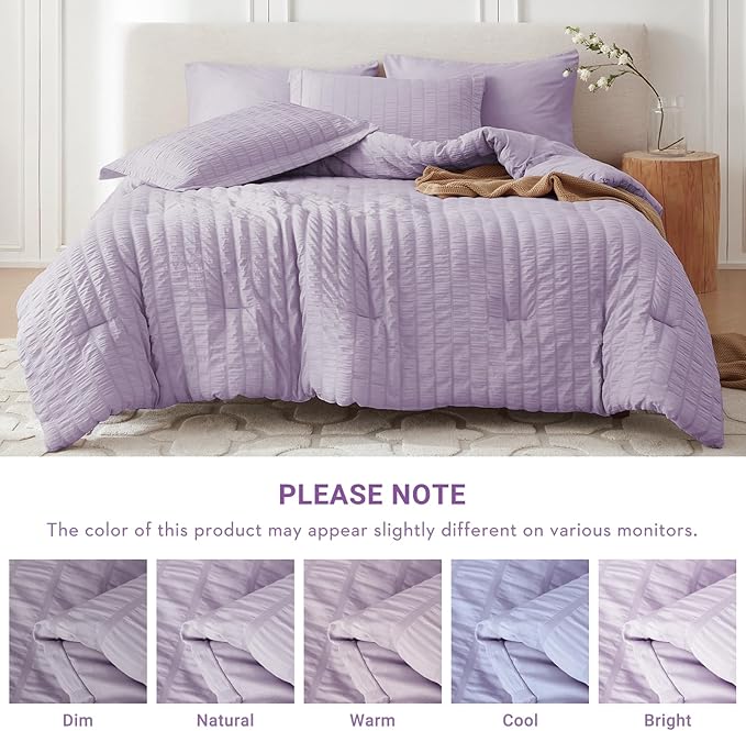 MUXHOMO 7 Pieces California King Comforter Set, Seersucker Bed in a Bag Cal King Size, All Season Luxury Bedding Set with Comforter, Flat Sheet, Fitted Sheet, Pillowcases & Shams, Lavender
