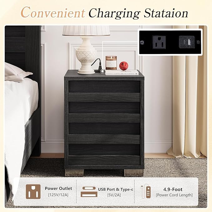 LUXOAK 3 Pcs Bedroom Furniture Sets - Includes Farmhouse King Size Bed Frame with 49" Tall Headboard and Nightstand Sets of 2 with Charging Station, Slated Handles & Stainless Steel Feet, Black