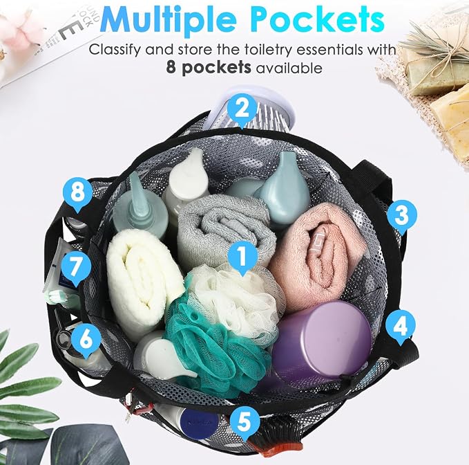 Fammart Mesh Shower Caddy Portable for College Dorm Room Essentials, 8-Pocket Large Shower Basket Tote Bag with 2 Handles for Toiletry, Bathroom, Beach, Camp, Gym - Image 4