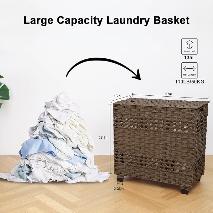 OIAHOMY Laundry Hamper with Lid, 140L Clothes Hamper with 3 Removable Liner Bags, Foldable Basket with Lid, Synthetic Wicker Laundry Basket for Bedroom, 27x 13 x 26 Inches, Brown - Image 3