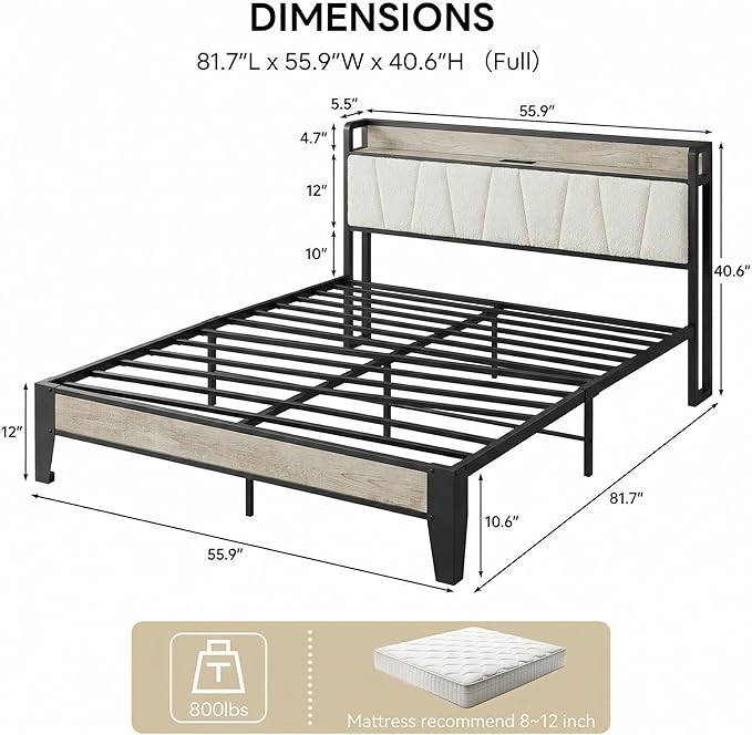 LIKIMIO Full Size Bed Frame, Storage Headboard with Charging Station, Solid and Stable, Noise Free, No Box Spring Needed, Easy Assembly (Walnut and Beige)