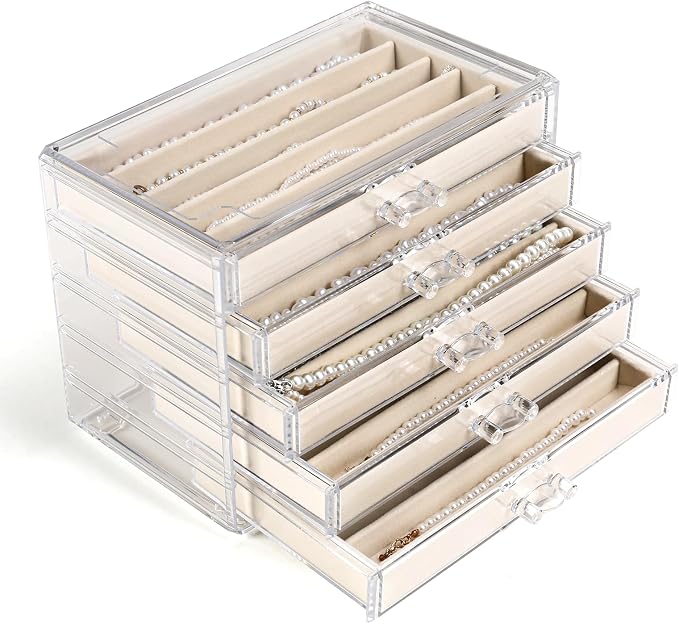 5 Drawers Necklace Organizer Storage, Tray with Clear Lid, Dustproof Velvet Necklaces Holder Storage Display Case, Necklace Tray Drawer Insert for Pendant Suitable for Women and Girls (25 grids) by CLUQMEIK