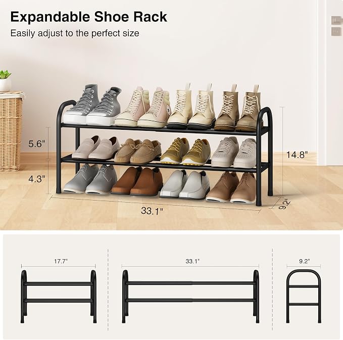 STO STO Expandable Shoe Rack, 2-Tier Metal Small Shoe Rack for Closet, Up to 12 Pairs Adjustable Shoe Rack Storage for Front Door Entrance, Free Standing Shoe Rack Organizer for Entryway, Black - Image 3