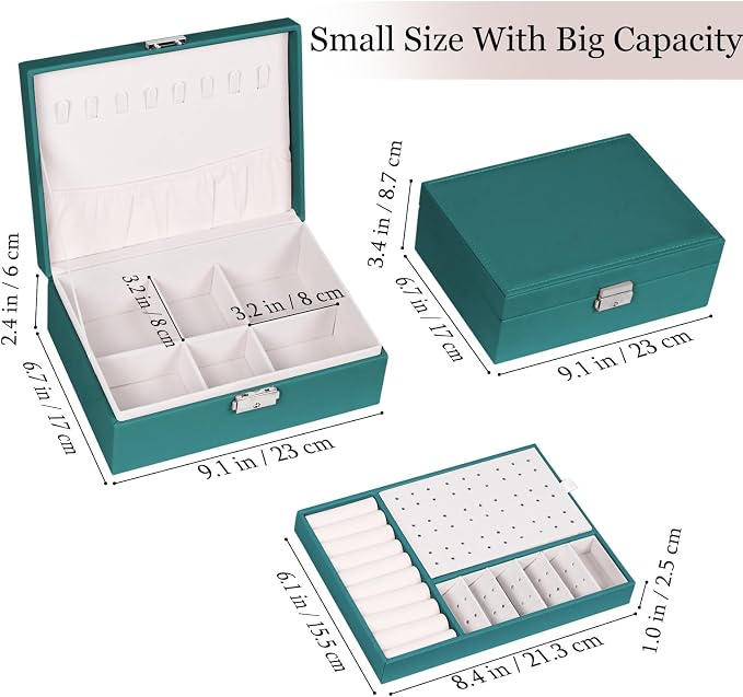 Jewelry Box for Women Girls, 2 Layers Jewelry Organizer Container with Lock, PU Leather Storage Case with Removable Tray, Jewelry Display Box for Necklaces Earrings Bracelets Rings Watches (Green) - Image 2