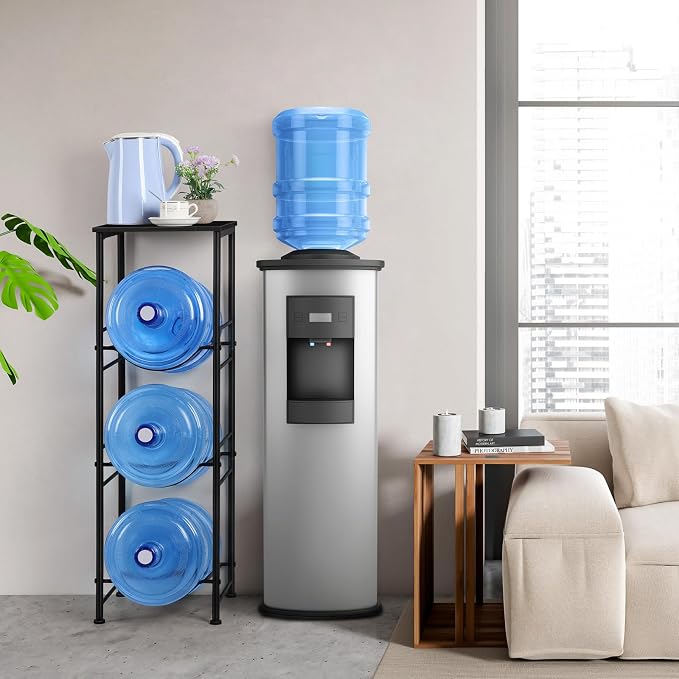 OYEAL Water Jug Holder Stand 5 Gallon Water Bottle Holder Organizer with Shelf, Heavy Duty 3 Tier Water Bottle Storage Rack for Kitchen, Office, Living Room, Black - Image 6