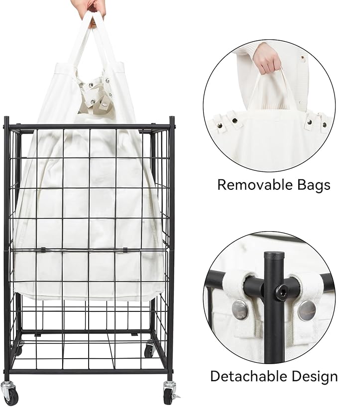 WOWLIVE Laundry Hamper with Wheels,Metal Wire Frame Rolling Laundry Basket with Removable bag,100L Dirty Clothes Hamper Organizer Dorm Room Storage for Bedroom,Bathroom,Black and White - Image 6