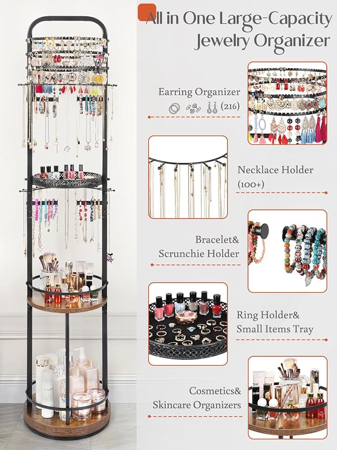 Jewelry Holder Organizer, Floor Jewelry Organizer with Earring Organizer Necklace Holder, Rotating Jewelry Stand Necklace Display Earring Storage, Large Hanging Jewelry Tree for Jewlery Bracelet Ring - Image 3