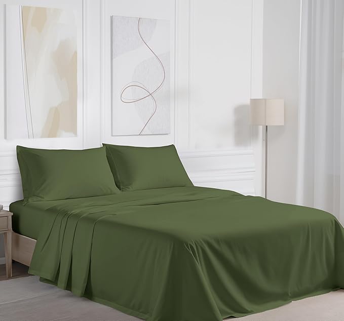 RUVANTI 100% Cotton Sheets – Queen Size Percale Bedding, Cooling & Breathable, Durable with a Crisp, Soft & Comfortable Feel, 16" Deep Pocket, 4-Piece Set, Chive