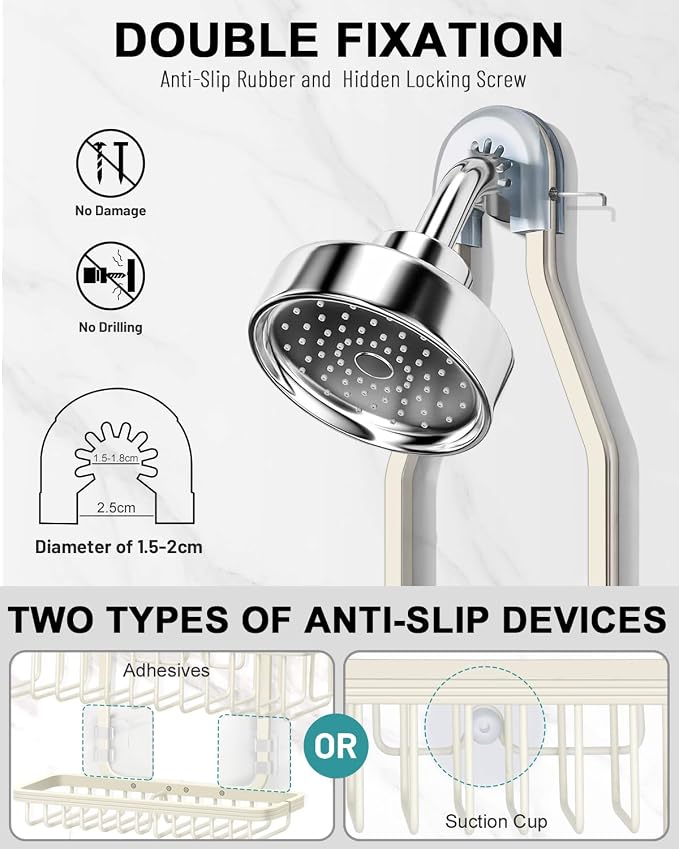 Shower Caddy Hanging - Never Rust Shower Hanging Organizer - Aluminum Over the ShowerHead Caddy with Soap Basket and 6 Hooks for Razor/Sponge (Milky White) - Image 3