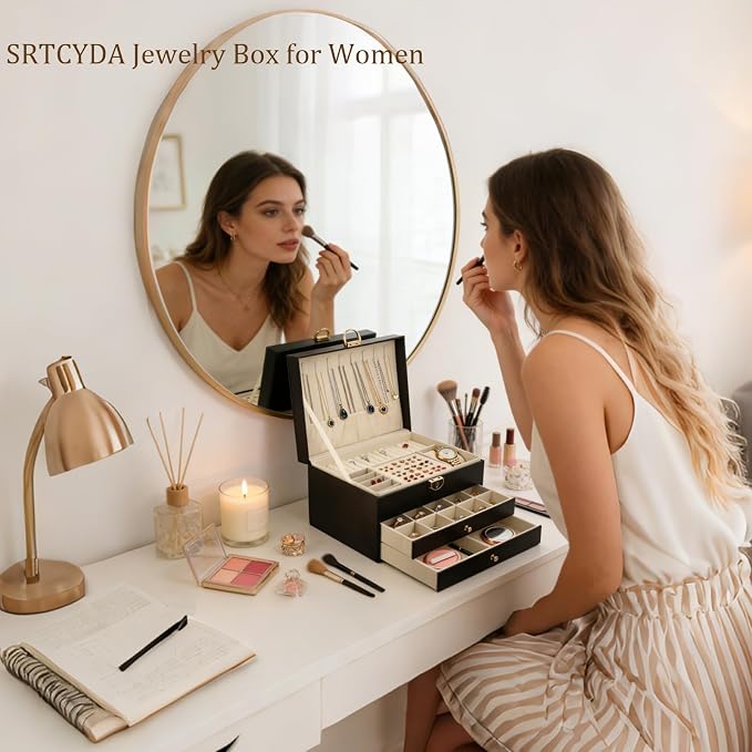 SRTCYDA Jewelry Box for Women, Large PU Leather jewelry organizers and storage, 3-Layer Jewelry Storage with 2 Drawers, Space-Saving Design for Vanity, Holds All Types of Jewelry (Black) - Image 5