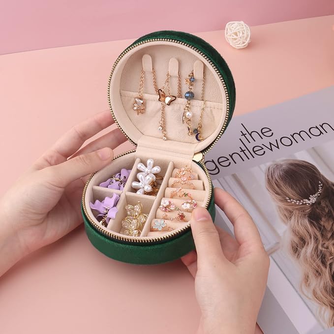 DesignSter Travel Jewelry Box - Velvet Mini Jewelry Organizer, Small Jewelry Case for Girls Women, Jewelry Storage Box for Rings Earrings Necklace (Circular, Emerald Green) - Image 7