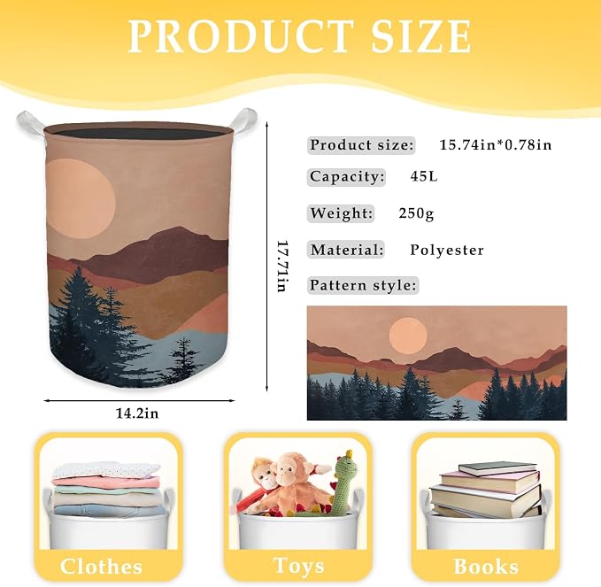 Boho Laundry Basket, Mid Century Modern Boho Sun Forest Mountain Waterproof Collapsible Laundry Hamper Dirty Clothes Storage Toy Bin Organizer for Bathroom Bedroom Nursery Girls Kids Room - Image 7