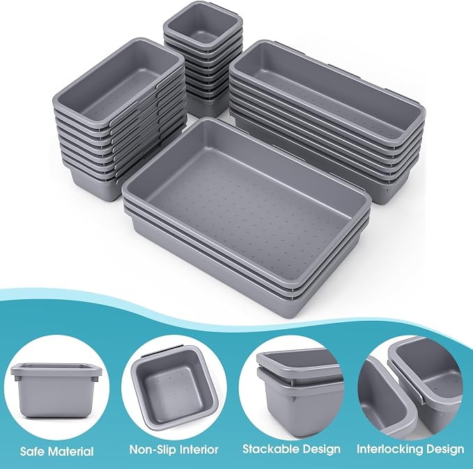 25 PCS Drawer Organizer Set, 4 Size Makeup Drawer Divider Organizer With Non-Slip Pads, Interlocking Plastic Storage Bins for Office,Jewelry Vanity,Gadgets, Bathroom,Kitchen, Grey - Image 3