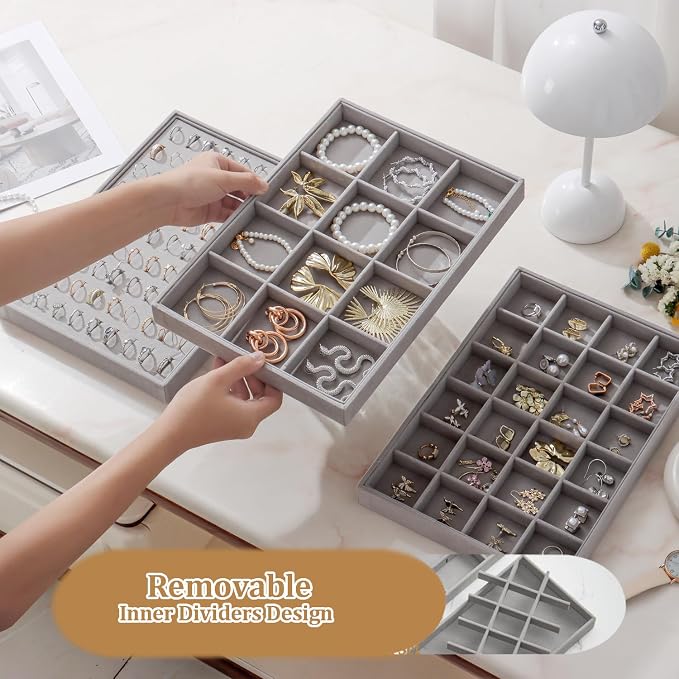 Large Velvet Jewelry Tray 2 Pack Stackable Jewelry Display Drawer Inserts Trays Organizer for Earring Bracelet Necklace Ring (Gray, 12 Grids) - Image 5
