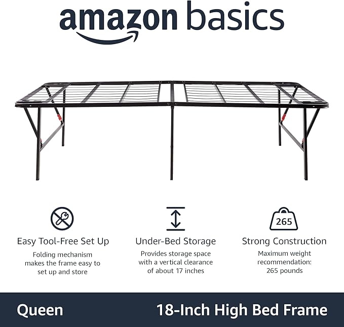 Amazon Basics Foldable Metal Platform Bed Frame with Storage, Sturdy Steel, No Box Spring Needed, 18 Inches High, Tool-Free Easy Assembly, Noise-Free, Queen Size, Black