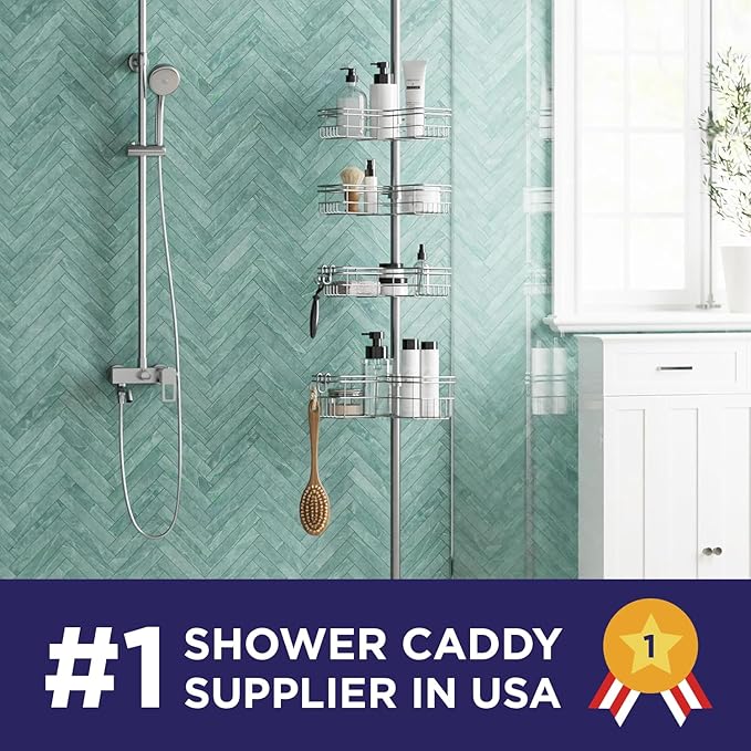Zenna Home Tension Pole Shower Caddy Corner Organizer, Adjustable Standing Shower Caddy with 4 L-shaped Baskets and Hooks, Rust Resistant Bathroom Tension Rod Organizer, 60 to 97 Inch, Satin Nickel - Image 2