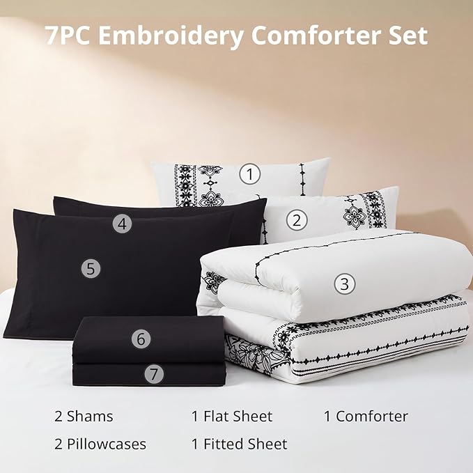 MaiRêve Full Size Comforter Set Frost White, Embroidery Floral Western Boho Bedding Set, All Season 7 Pieces Bed in a Bag with Sheets, Pillowcases & Shams