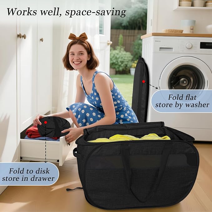 Upgraded 100L Extra Large Mesh Pop Up Laundry Hamper with Lid & Handles, XL Foldable Dirty Clothes Basket for Home Dorm Closet Storage, Portable Laundry Bin, Black. H - Image 4