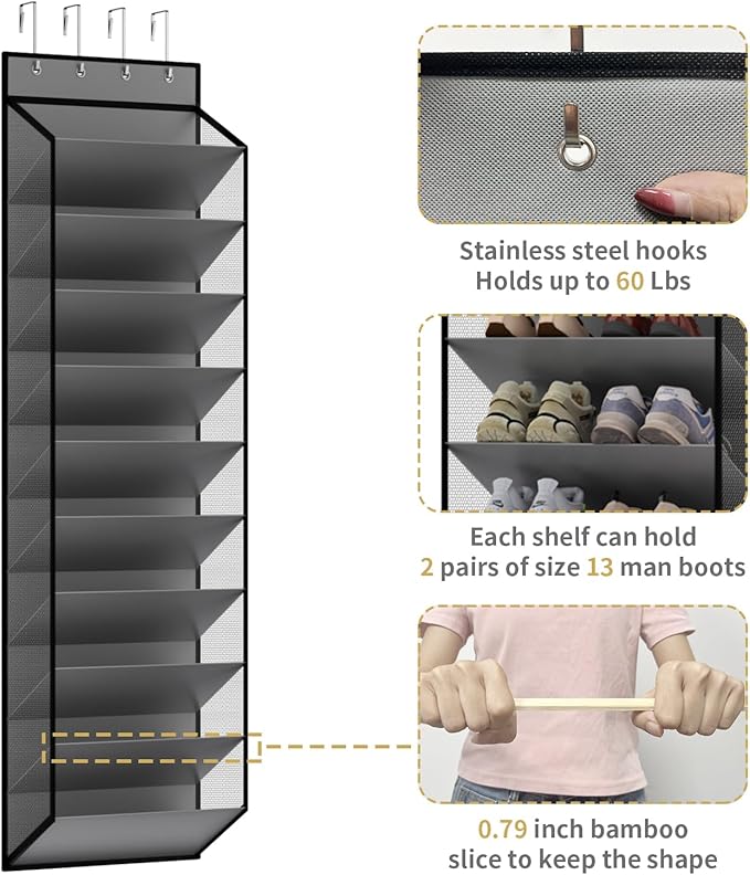 KEEPJOY 10 Tiers Mesh Over Door Shoe Organizer Storage, Hanging Shoe Holder for Door with Large Deep Pockets, Holds 20-30 Pairs of Shoes, Ideal for Sneakers & Boots(Grey) - Image 6