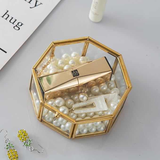 Glass Vintage Jewelry Box, Golden Geometric Jewelry Display Organizer Box Vanity Lidded Box Home Decor Accent Decorative Box for Storage Trinket Rings Bracelet - Image 5