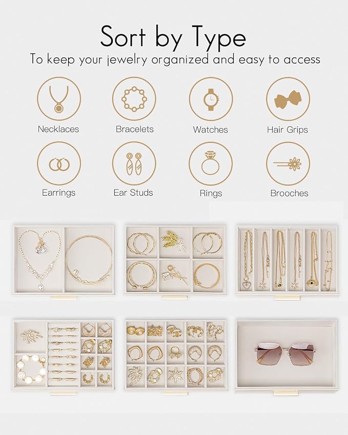 VLANDO 6 Layer Jewelry Box for Women, Glass Lid Jewelry Organizer with 6 Drawers for Necklaces Rings Earrings Bracelets - Cloud White - Image 3