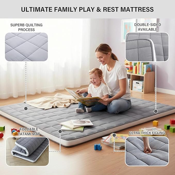Tiita Japanese Floor Mattress Futon Mattress 4” Thick Folding Roll Up Sleeping Pad with Bag & Strap, Bed Topper Mat for Guest, Lounger and Travel, Grey,Full Size