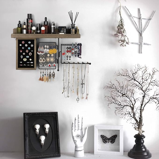 SOLIMINTR Hanging Jewelry Organizer Wall Mount Holder with Rustic Wood Shelf, Ring Display Box, Ear Studs Earring Holder, Rotating Necklace for Gothic Goth Accessories - Image 5