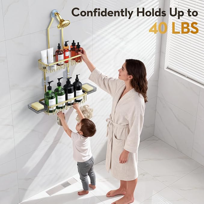 Shower Caddy Hanging, Shower Organizer Hanging, Aluminum Shower Racks for Inside Shower with Hooks for Razor, Never Rust Bathroom Organizers and Storage with Soap Holder, Gold - Image 6