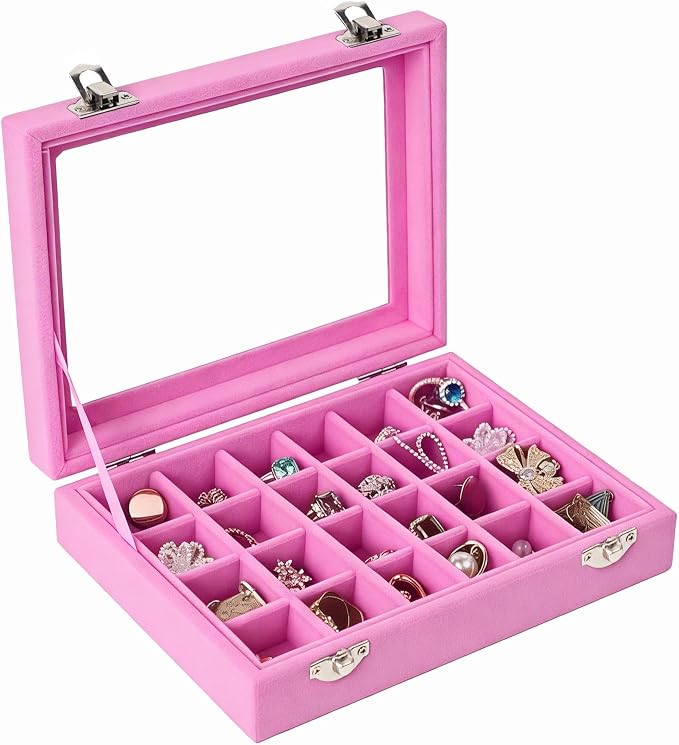 Velvet Jewelry Box 24 Grid Jewelry Earrings Display Organiser Box Ring Tray Holder Earrings Storage Case for Girls Wife Mom Women (Light Pink) - Image 3