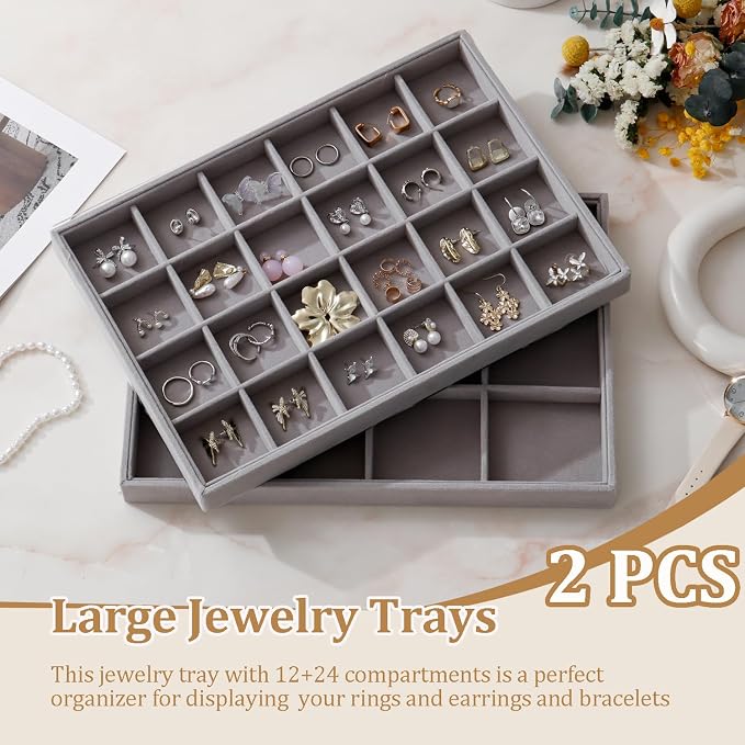 Large Velvet Jewelry Tray 2 Pack Stackable Jewelry Display Drawer Inserts Trays Organizer for Earring Bracelet Necklace Ring (Gray, 12 Grids+24 Grids) - Image 2