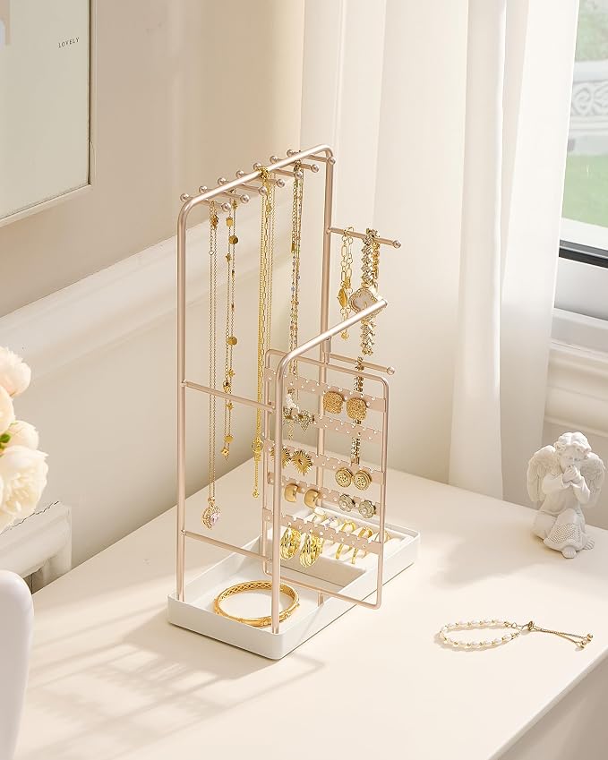 ProCase Jewelry Stand Holder Organizer, Jewelry Display Storage with Ring Tray, Rotating Earring Bracelet Necklace Holder, Valentine's Gifts Room Dorm Decor for Teen Girls -Champagne (No-Assembly) - Image 4